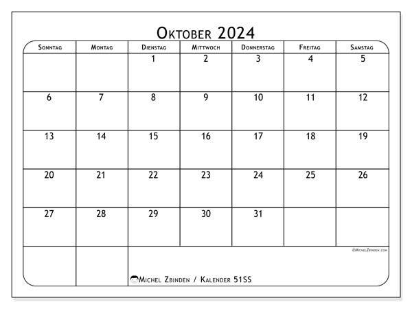 Kalender Oktober 2024 “51”. Plan zum Ausdrucken kostenlos.. Sonntag bis Samstag