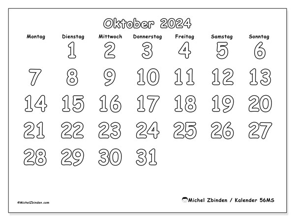 Kalender Oktober 2024 “56”. Programm zum Ausdrucken kostenlos.. Montag bis Sonntag