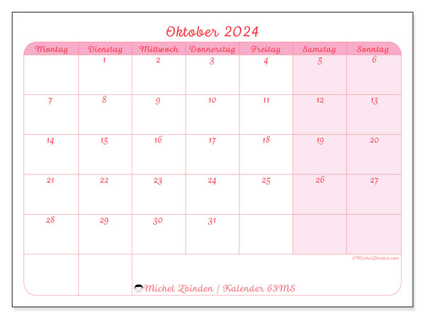 Kalender Oktober 2024, 63SS. Plan zum Ausdrucken kostenlos.
