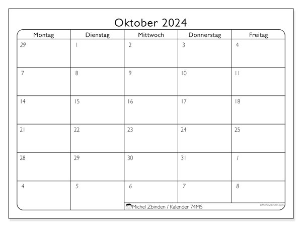 Kalender Oktober 2024 “74”. Programm zum Ausdrucken kostenlos.. Montag bis Freitag