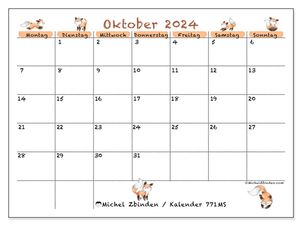 Kalender Oktober 2024, 771MS. Plan zum Ausdrucken kostenlos.