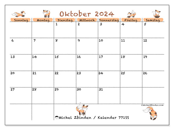 Kalender Oktober 2024 “771”. Plan zum Ausdrucken kostenlos.. Sonntag bis Samstag