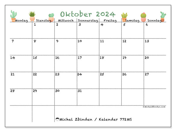 Kalender Oktober 2024 “772”. Plan zum Ausdrucken kostenlos.. Montag bis Sonntag