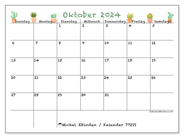 Kalender Oktober 2024 “772”. Plan zum Ausdrucken kostenlos.. Sonntag bis Samstag
