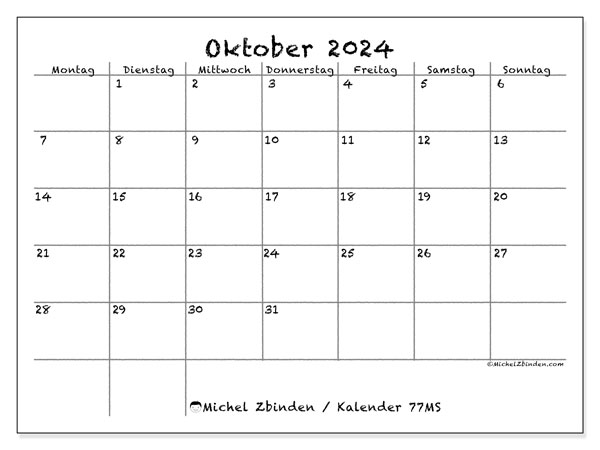 Kalender Oktober 2024 “77”. Programm zum Ausdrucken kostenlos.. Montag bis Sonntag