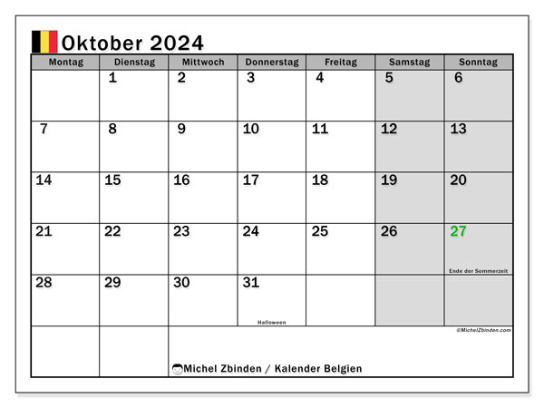 Kalender Oktober 2024 “Belgien”. Plan zum Ausdrucken kostenlos.. Montag bis Sonntag