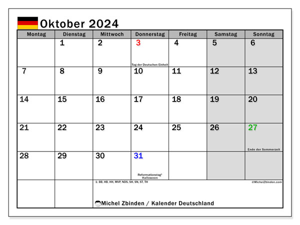 Kalender oktober 2024, Tyskland (DE). Gratis plan for utskrift.