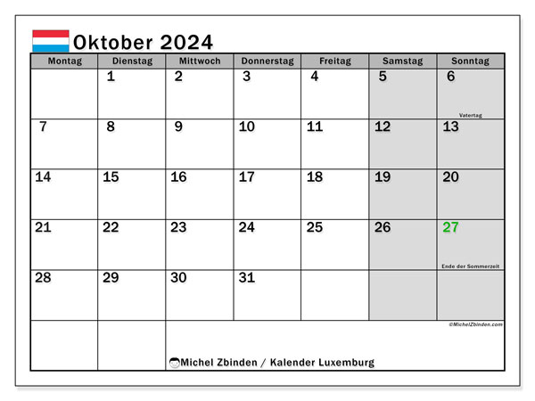 Kalender Oktober 2024, Luxemburg. Programm zum Ausdrucken kostenlos.