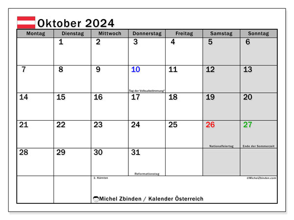 Kalender Oktober 2024 “Österreich”. Kalender zum Ausdrucken kostenlos.. Montag bis Sonntag