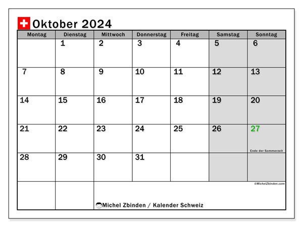 Kalender oktober 2024, Sveits (DE). Gratis plan for utskrift.