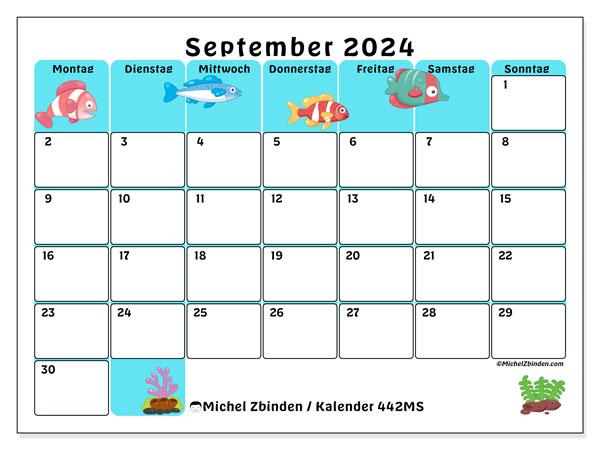 Kalender September 2024 “442”. Kalender zum Ausdrucken kostenlos.. Montag bis Sonntag