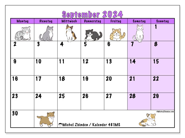 Kalender September 2024 “481”. Kalender zum Ausdrucken kostenlos.. Montag bis Sonntag
