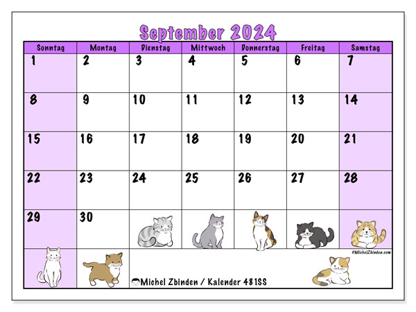 Kalender September 2024 “481”. Kalender zum Ausdrucken kostenlos.. Sonntag bis Samstag
