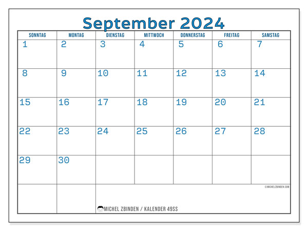 Kalender September 2024 “49”. Kalender zum Ausdrucken kostenlos.. Sonntag bis Samstag