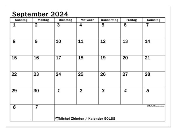 Kalender September 2024 “501”. Programm zum Ausdrucken kostenlos.. Sonntag bis Samstag