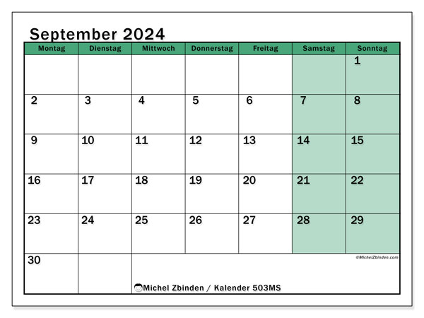 Kalender September 2024 “503”. Kalender zum Ausdrucken kostenlos.. Montag bis Sonntag