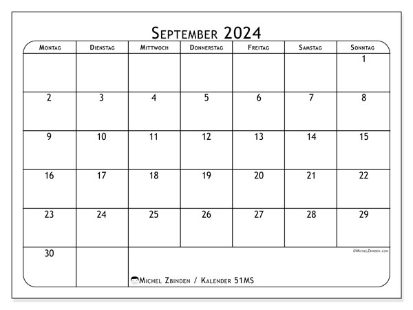 Kalender September 2024 “51”. Plan zum Ausdrucken kostenlos.. Montag bis Sonntag