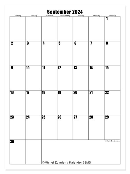 Kalender September 2024 “52”. Kalender zum Ausdrucken kostenlos.. Montag bis Sonntag