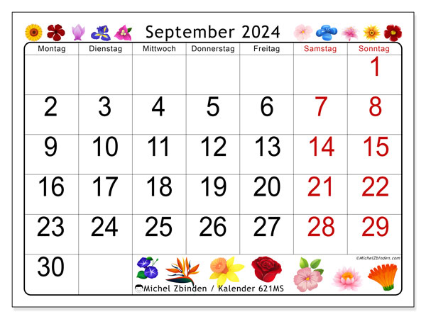 Kalender September 2024 “621”. Kalender zum Ausdrucken kostenlos.. Montag bis Sonntag