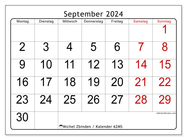 Kalender September 2024 “62”. Kalender zum Ausdrucken kostenlos.. Montag bis Sonntag