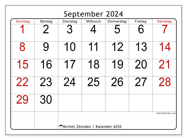 Kalender September 2024 “62”. Kalender zum Ausdrucken kostenlos.. Sonntag bis Samstag