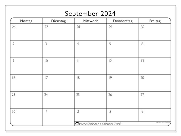 Kalender September 2024 “74”. Kalender zum Ausdrucken kostenlos.. Montag bis Freitag