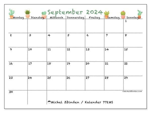 Kalender September 2024 “772”. Kalender zum Ausdrucken kostenlos.. Montag bis Sonntag