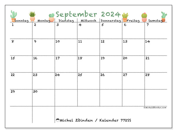 Kalender September 2024 “772”. Kalender zum Ausdrucken kostenlos.. Sonntag bis Samstag