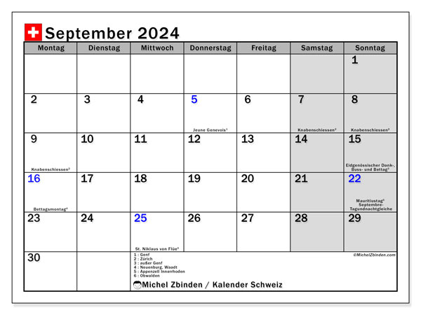 Kalender September 2024 “Schweiz”. Plan zum Ausdrucken kostenlos.. Montag bis Sonntag