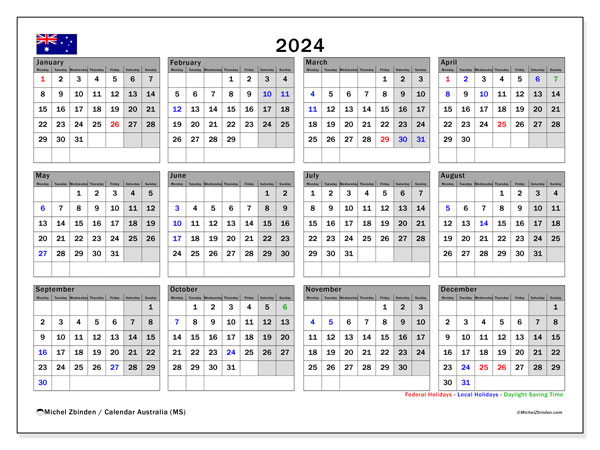 Kalender 2024, Australien (EN). Gratis kalender til print.