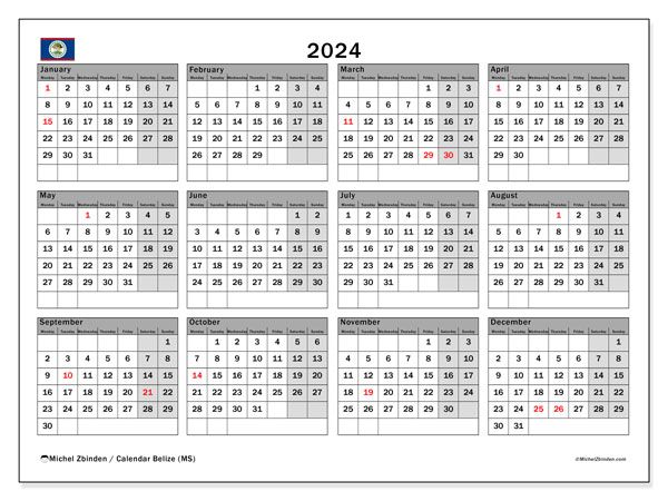 Calendario 2024, Belize (EN). Programma da stampare gratuito.