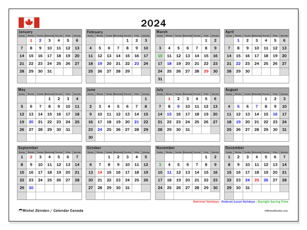 Kalender 2024, Kanada (EN). Schema för gratis utskrift.
