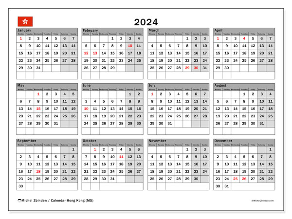 Kalender 2024, Hong Kong (EN). Gratis kalender til print.