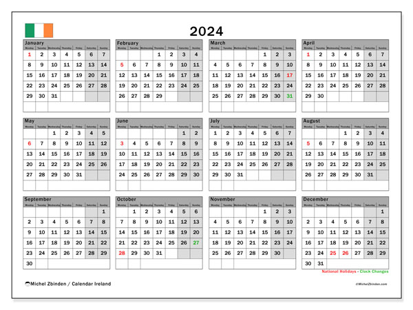 Kalender 2024, Irland (EN). Gratis kalender til print.