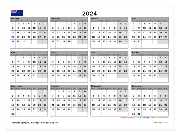 Kalender 2024, Nya Zeeland (EN). Schema för gratis utskrift.