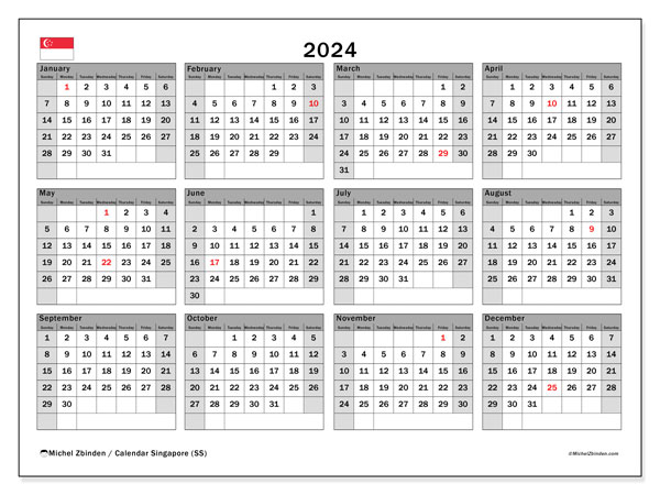 Kalender 2024, Singapore (EN). Schema för gratis utskrift.