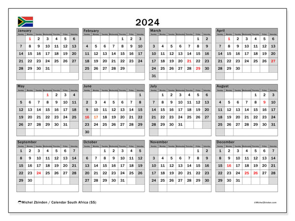 Kalender 2024, Zuid-Afrika (EN). Gratis af te drukken agenda.
