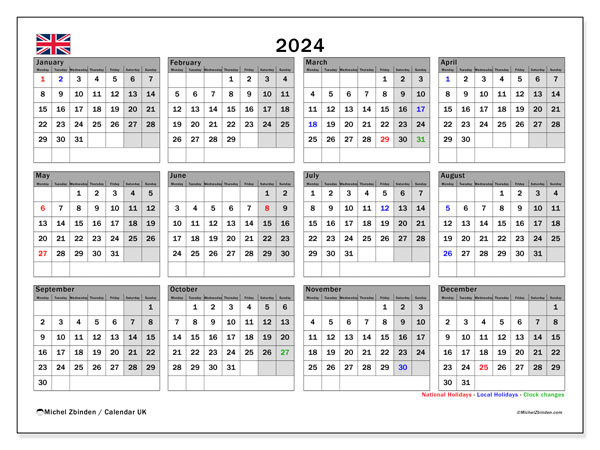 Kalendarz 2024, Zjednoczone Królestwo (EN). Darmowy dziennik do druku.