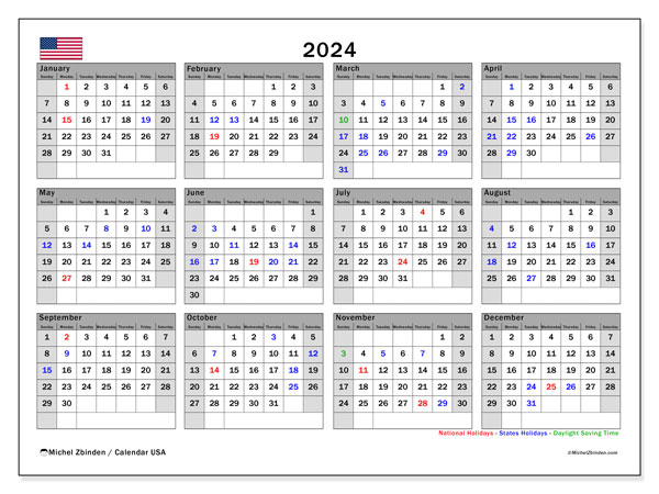 Kalender 2024, USA (EN). Schema för gratis utskrift.