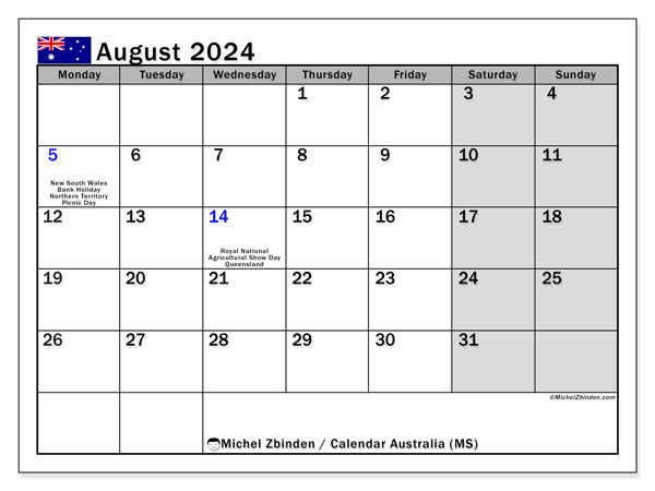 Kalender August 2024, Australien (EN). Programm zum Ausdrucken kostenlos.