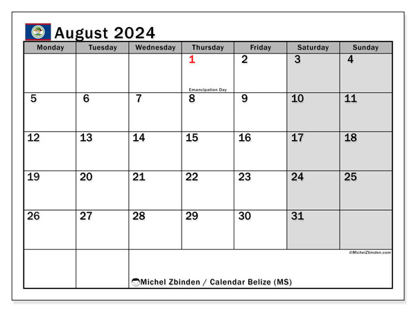 Kalender August 2024, Belize (EN). Programm zum Ausdrucken kostenlos.
