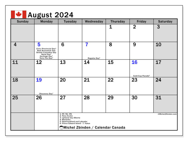 Kalender August 2024, Kanada (EN). Programm zum Ausdrucken kostenlos.