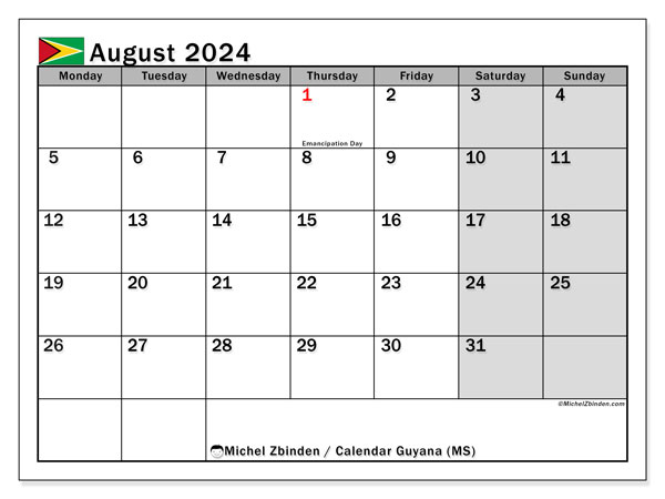 Kalendarz sierpień 2024, Gujana (EN). Darmowy program do druku.