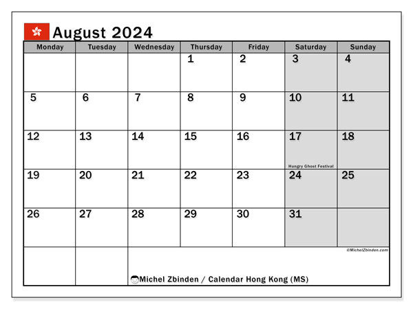 Kalender augustus 2024, Hong Kong (EN). Gratis afdrukbaar programma.