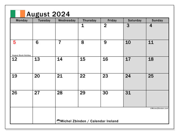 Kalender august 2024, Irland (EN). Gratis plan til print.