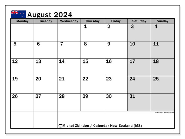 Kalender august 2024, New Zealand (EN). Gratis plan til print.