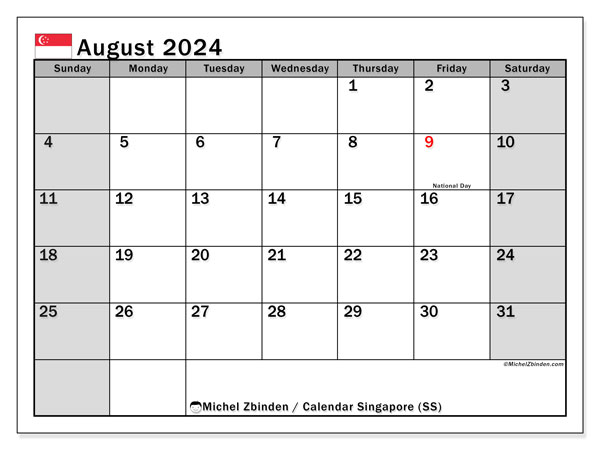 Kalender august 2024, Singapore (EN). Gratis plan til print.
