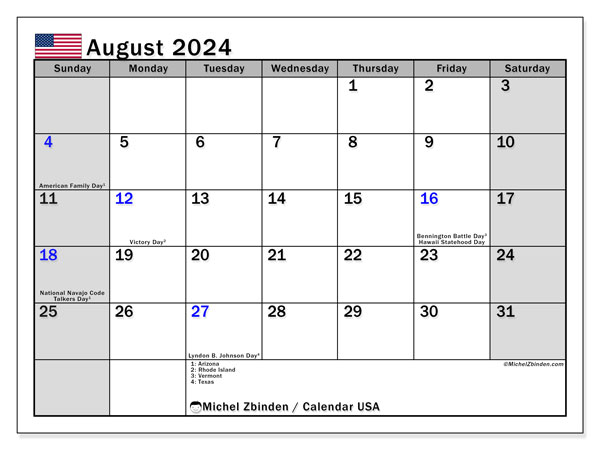 Kalender August 2024, USA (EN). Programm zum Ausdrucken kostenlos.