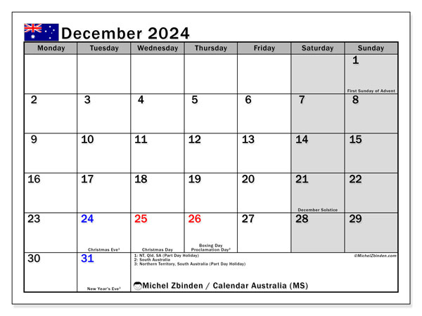 Kalendarz grudzień 2024, Australia (EN). Darmowy program do druku.