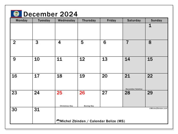 Kalender december 2024, Belize (EN). Gratis printbaar schema.